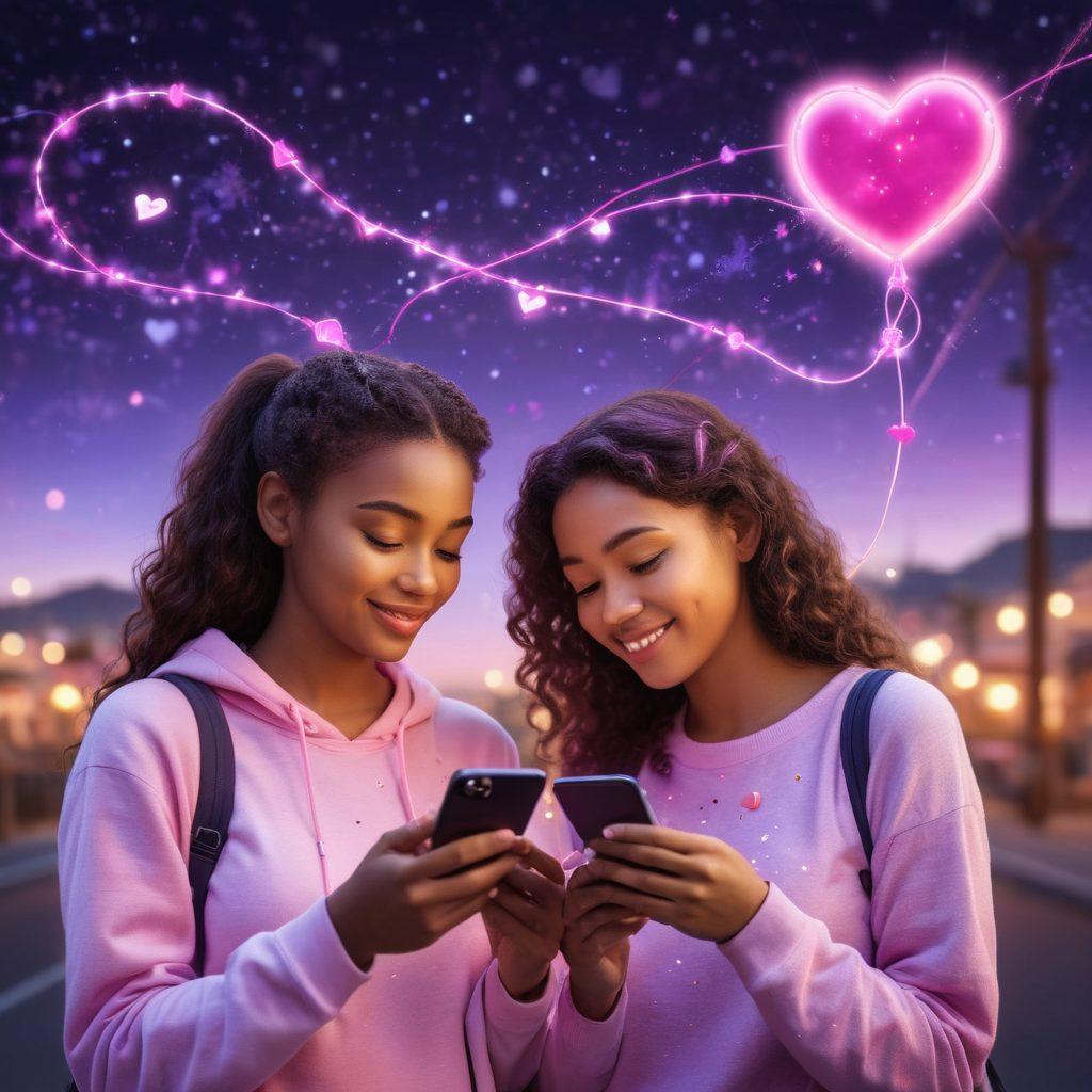 A whimsical scene depicting two individuals, each holding a smartphone, their screens glowing with love-themed emojis and messages, intertwined with glowing cables symbolizing connectivity. In the background, a heart-shaped constellation twinkles in the night sky, while gentle pink and purple hues paint the atmosphere. Super-realistic. Vibrant colors. Soft focus.