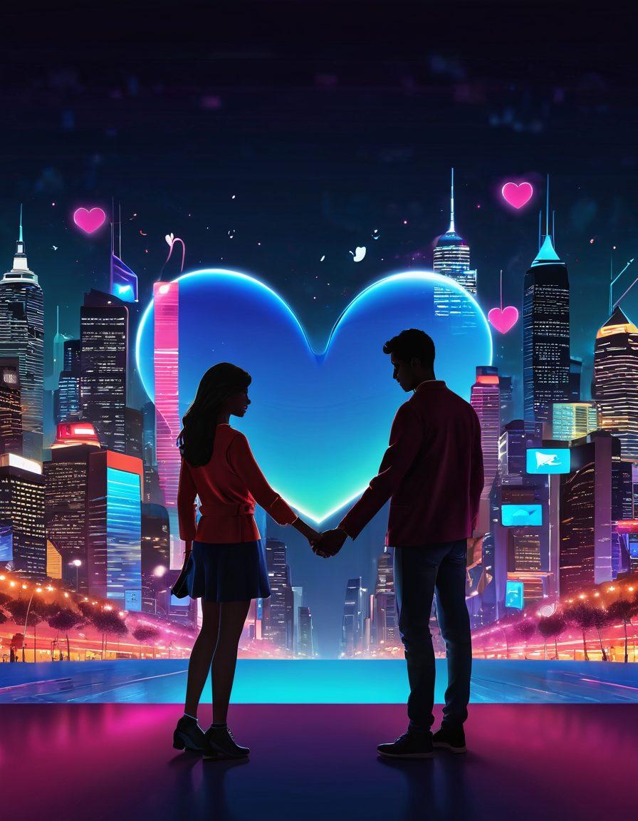 A vibrant illustration showing a couple holding hands, with their smartphones glowing and projecting heart icons above them. Surround the scene with elements of technology like floating social media icons and digital love letters. The background should depict a bustling cityscape at night, illuminated with neon lights that symbolize connectivity and innovation. Create a warm, romantic atmosphere amidst digital elements. super-realistic. vibrant colors. 3D.