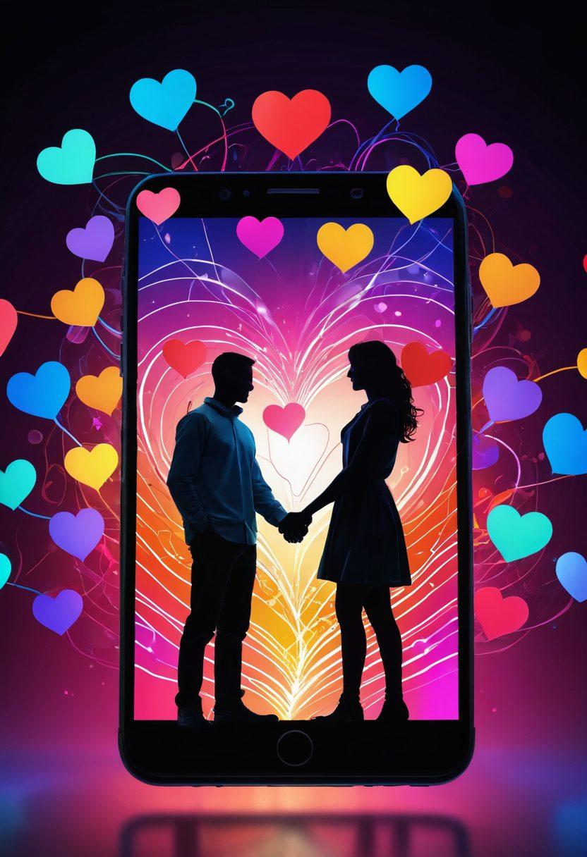A vibrant smartphone screen showcasing various apps symbolizing connection and intimacy, surrounded by glowing heart icons and flowing lines of digital energy. In the background, silhouettes of couples engaging in meaningful conversations and activities, representing the fusion of technology and emotional connection. Bright colors to evoke passion and warmth. 3D. vibrant colors.